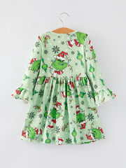 Christmas Cartoon Characters Print Green Girls Dress