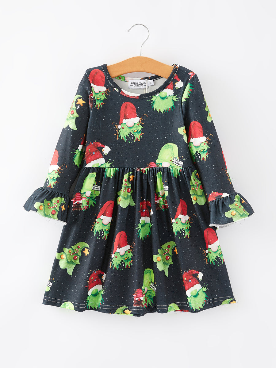 Christmas Cartoon Characters Print Black Girls Dress