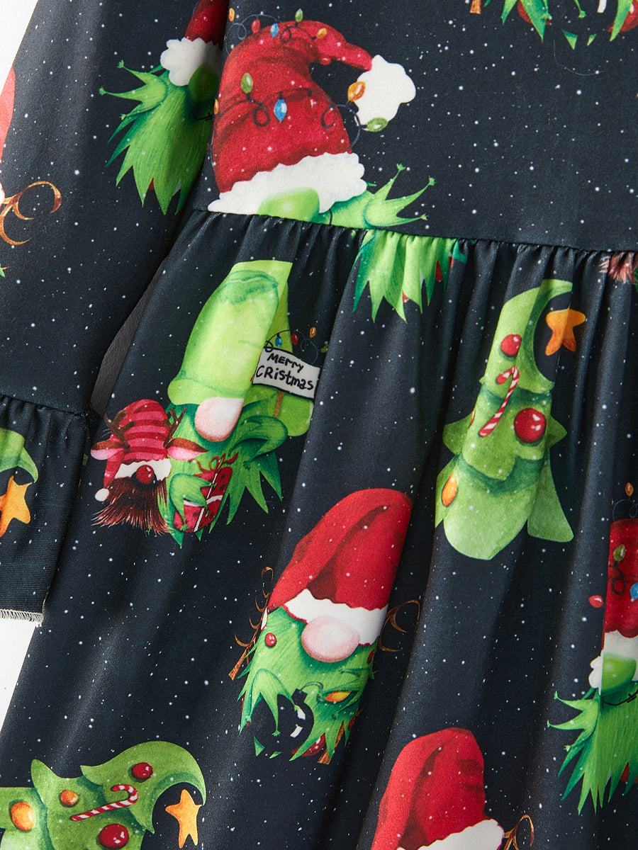 Christmas Cartoon Characters Print Black Girls Dress