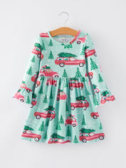 Christmas Truck Christmas Tree Print Girls Dress