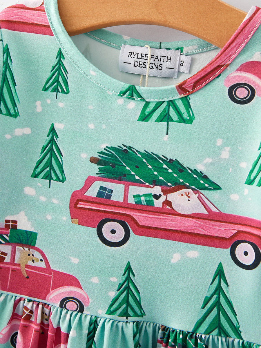 Christmas Truck Christmas Tree Print Girls Dress