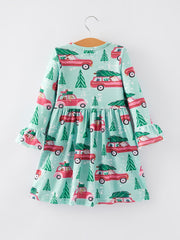 Christmas Truck Christmas Tree Print Girls Dress