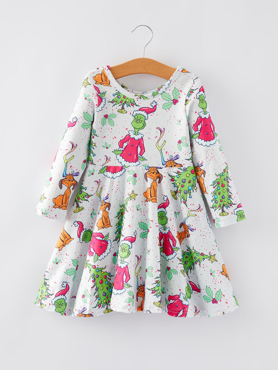 Christmas Character Christmas Tree Print Girls Dress