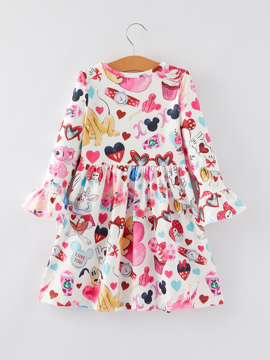 Valentine's Day Girls Dress Cartoon Character Print