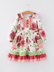 Valentine's Day Floral Print Girls Long Sleeve Dress