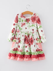 Valentine's Day Floral Print Girls Long Sleeve Dress