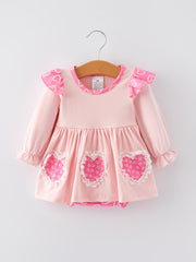 Valentine's Day Cute Heart Lace Girls Pink Romper