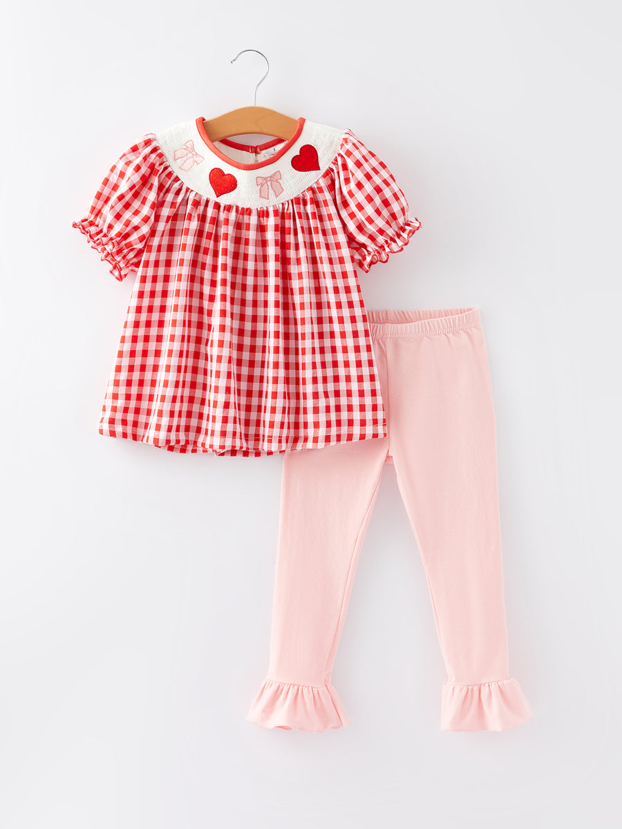 Valentine's Day Smocking Embroidery Red and White Plaid Girls Outfits Set