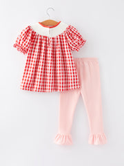 Valentine's Day Smocking Embroidery Red and White Plaid Girls Outfits Set