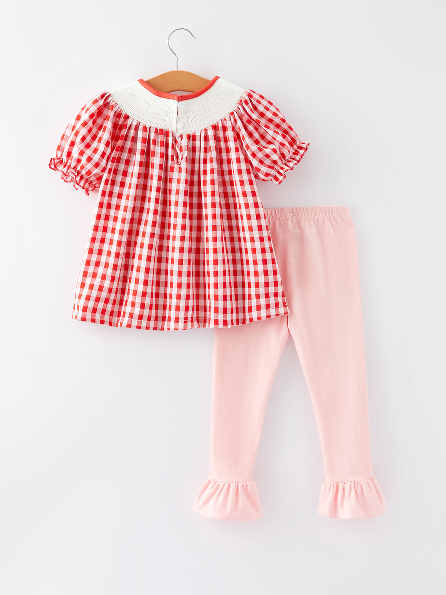 Valentine's Day Smocking Embroidery Red and White Plaid Girls Outfits Set