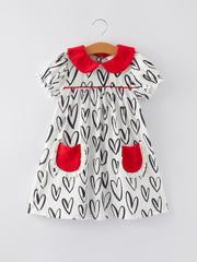 Valentine's Day Heart Print Bow Girls Dress with Pocket