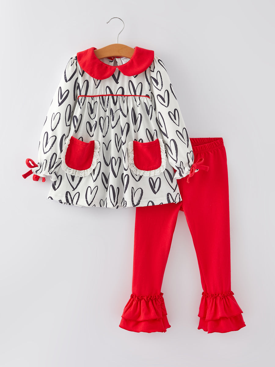 Valentine's Day Heart Print Bow Girls Pocket Outfits Set