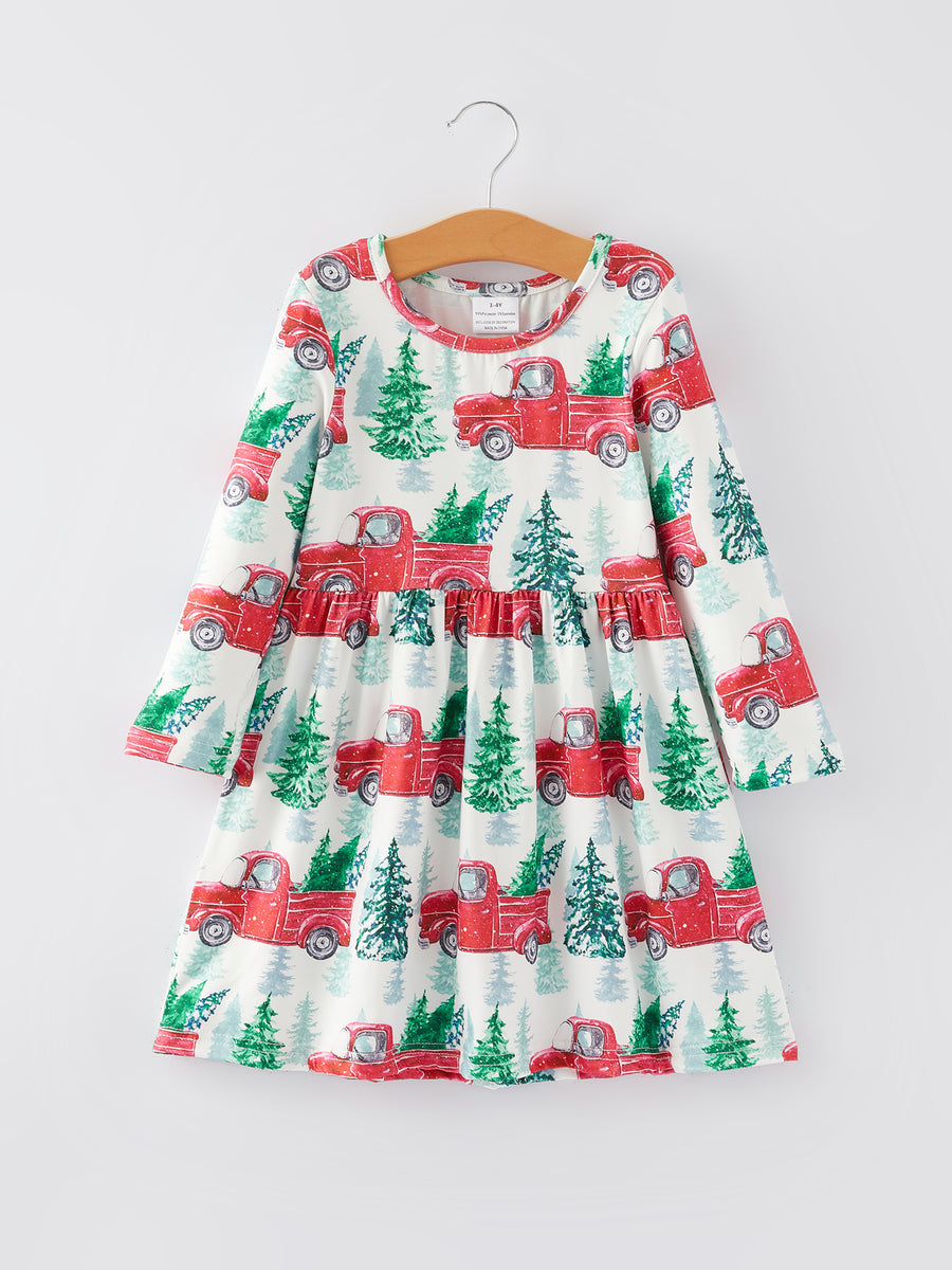 Girls Christmas Truck Christmas Tree Print Dress