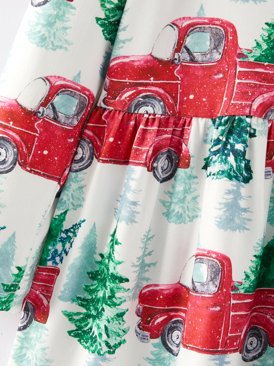 Girls Christmas Truck Christmas Tree Print Dress