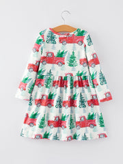 Girls Christmas Truck Christmas Tree Print Dress