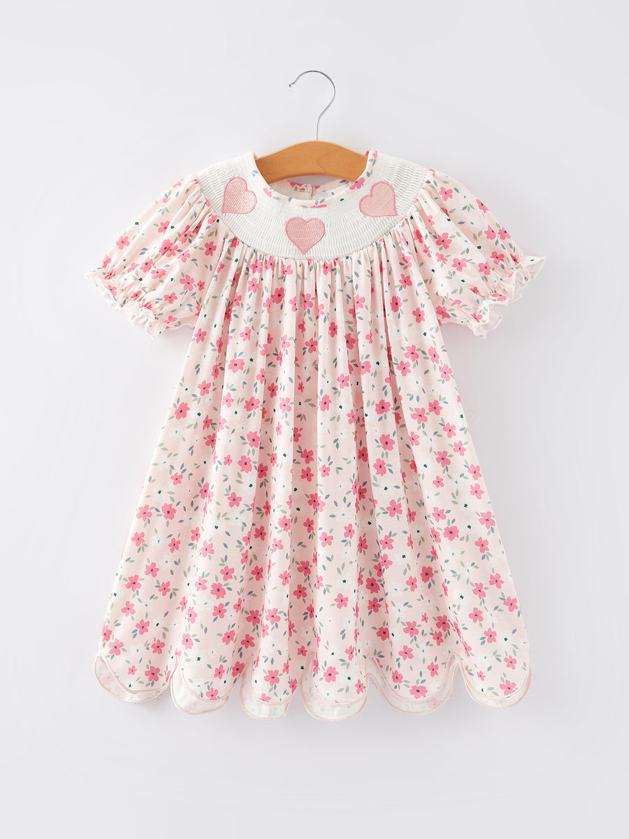 Valentine's Day Heart Smocking Embroidery Short Sleeve Girls Dress