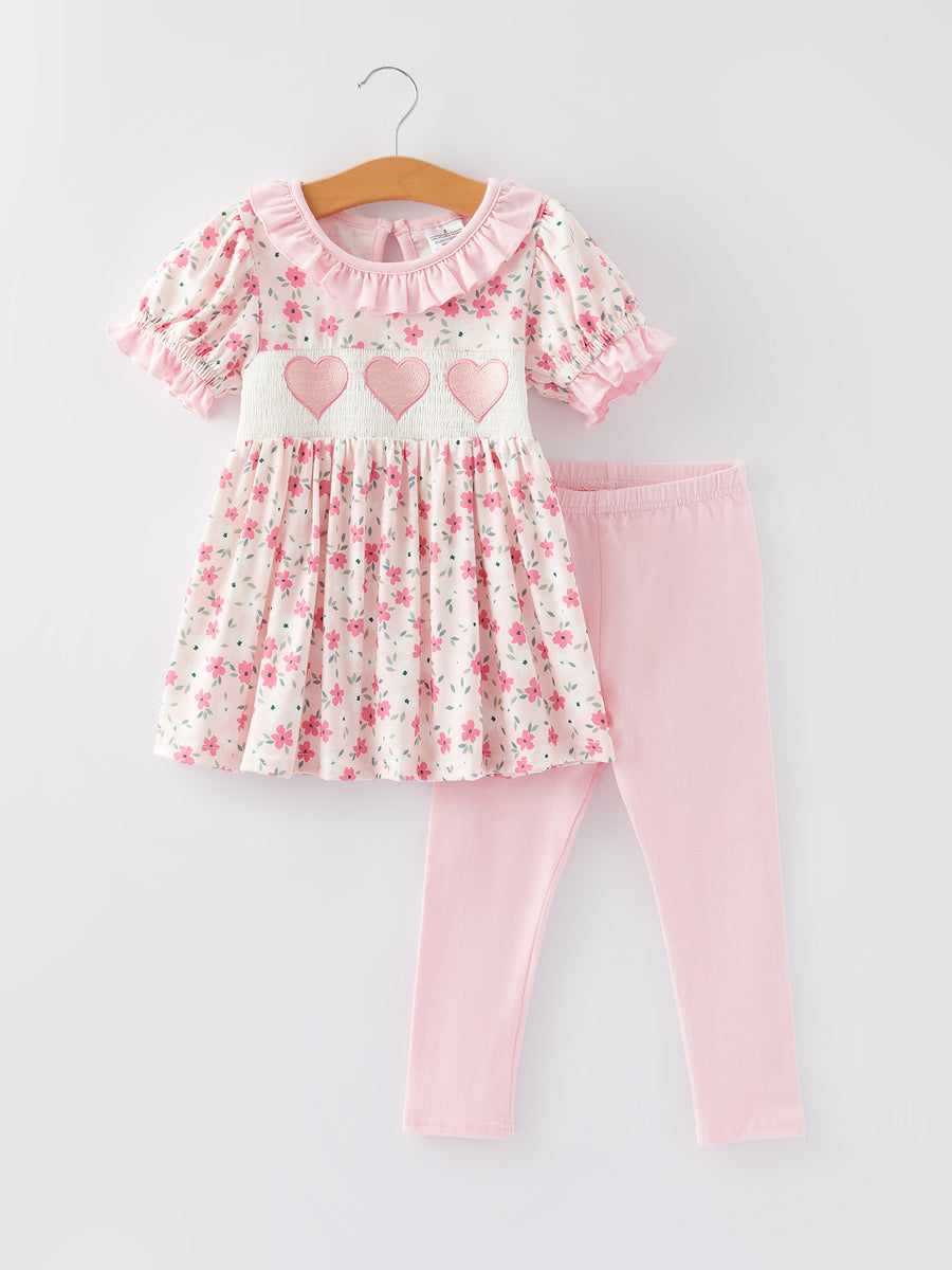 Valentine's Day Heart Smocking Embroidery Short Sleeve Girls Outfits Set