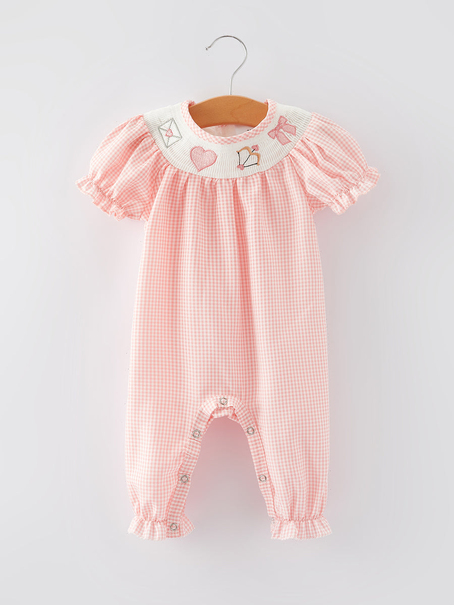 Valentine's Day Letter Heart Bow Arrow Smocking Embroidery Girls Romper