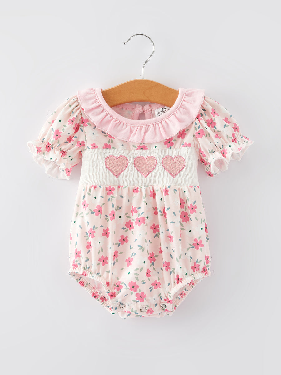 Valentine's Day Heart Smocking Embroidery Short Sleeve Girls Romper