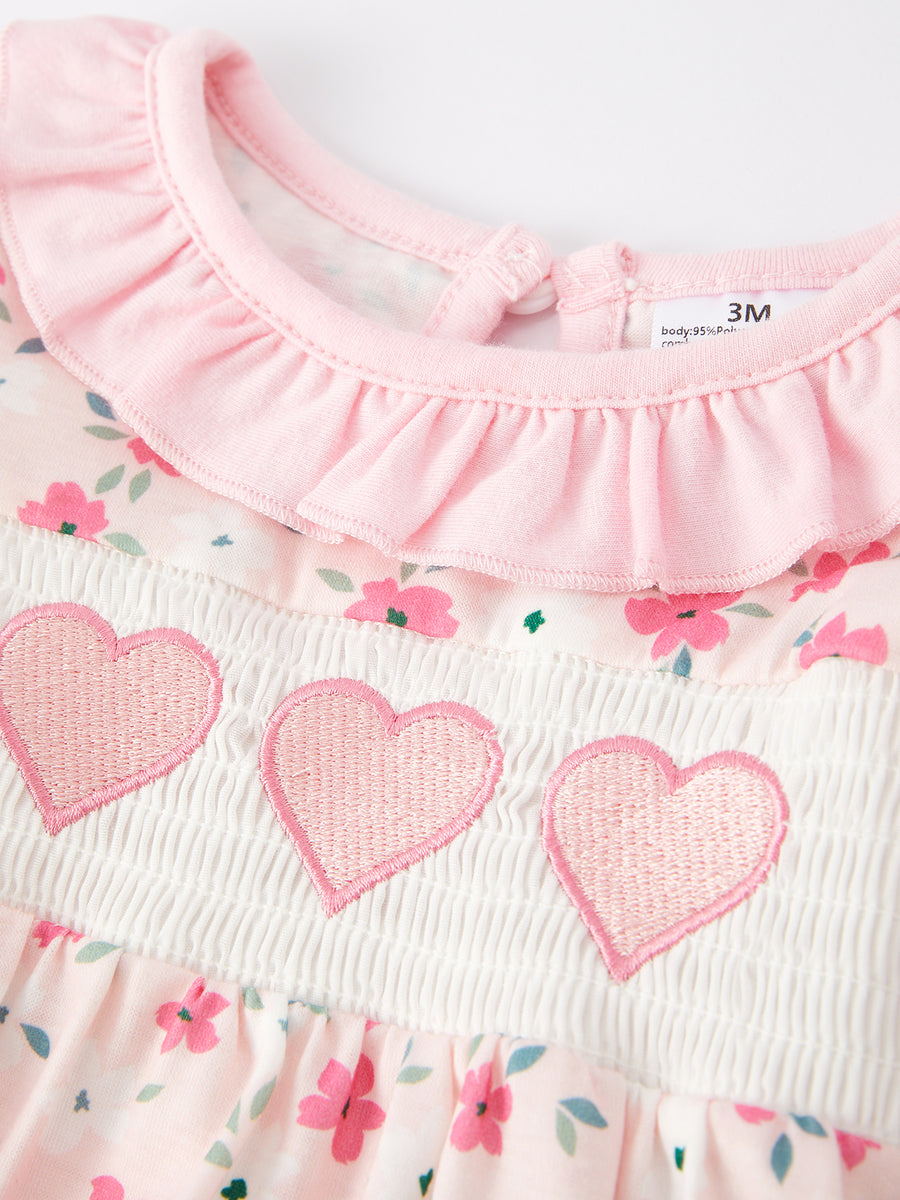 Valentine's Day Heart Smocking Embroidery Short Sleeve Girls Romper