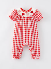 Girls Valentine's Day Heart Bow Smocking Embroidery Plaid Romper