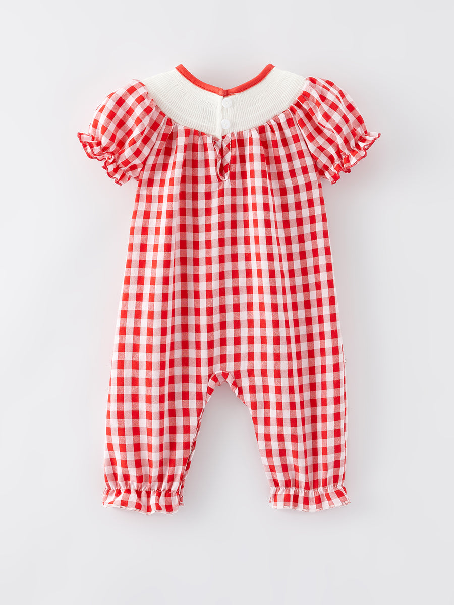 Girls Valentine's Day Heart Bow Smocking Embroidery Plaid Romper