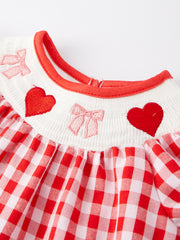 Girls Valentine's Day Heart Bow Smocking Embroidery Plaid Romper