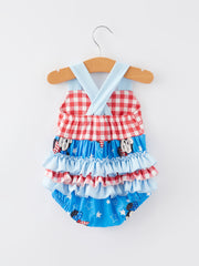 4th of july Cartoon Character Print Plaid Cute Girls Romper