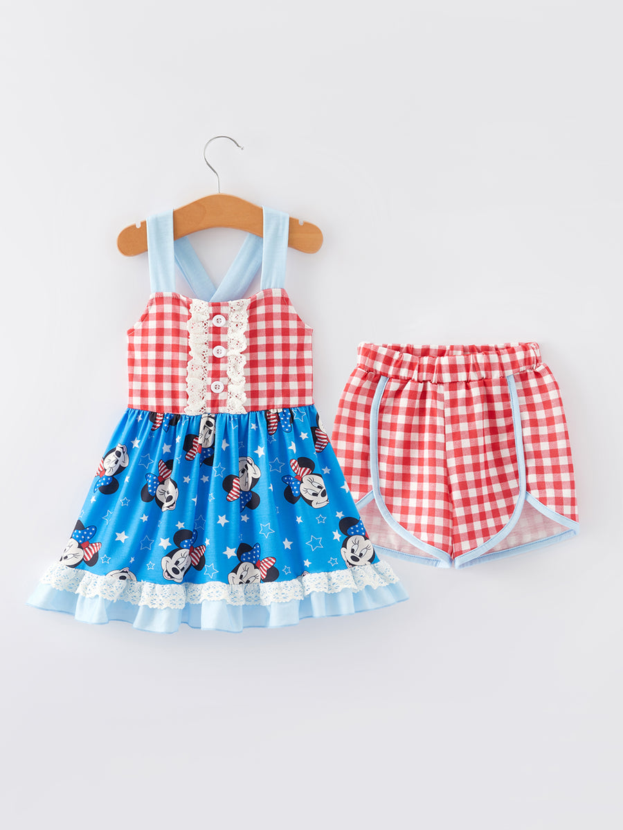 4th of july Cartoon Character Print Plaid Cute Girls Outfits Set