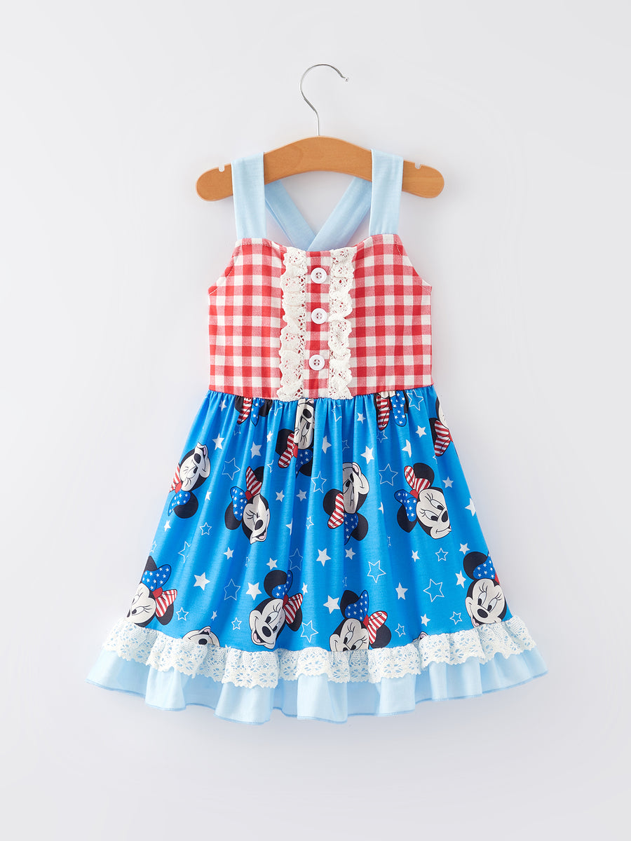 4th of july Cartoon Character Print Plaid Cute Girls Dress