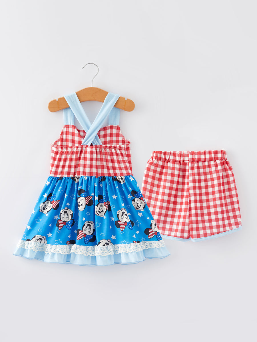 4th of july Cartoon Character Print Plaid Cute Girls Outfits Set