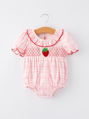 Strawberry Applique Flying Sleeves Plaid Girls' Romper