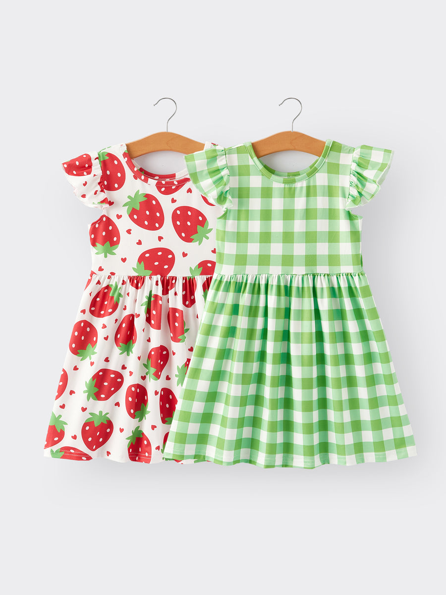 Girls Strawberry Plaid Print Dress 2-piece Set