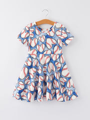 Baseball Print Milk Silk Girls Blue Dress