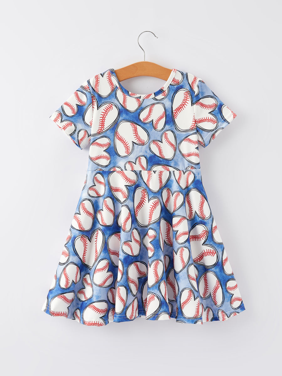 Baseball Print Milk Silk Girls Blue Dress