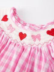 Valentine's Day Heart Bow Smocking Embroidered Pink Romper