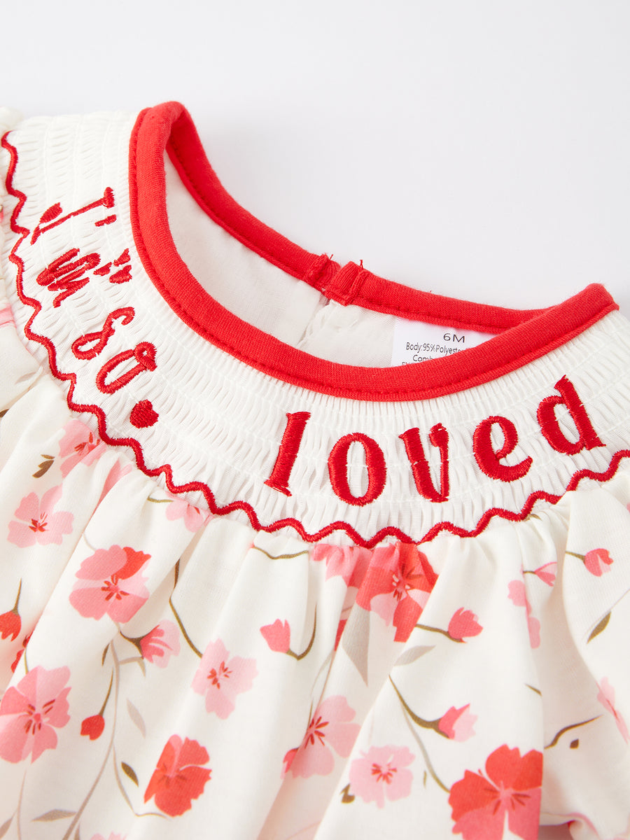 Valentine's Day "I'm so loved‘’Smocking Embroidered Girls Romper