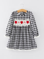 Black and white Plaid Smocking Embroidery Long Sleeve Girls Dress