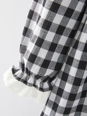 Black and white Plaid Smocking Embroidery Long Sleeve Girls Dress