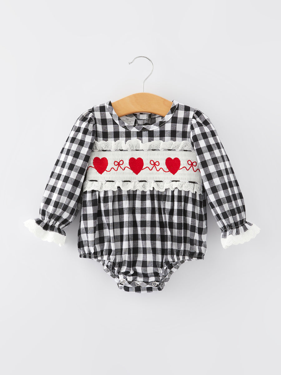 Black and white Plaid Smocking Embroidery Long Sleeve Girls Romper