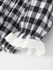 Black and white Plaid Smocking Embroidery Long Sleeve Girls Romper