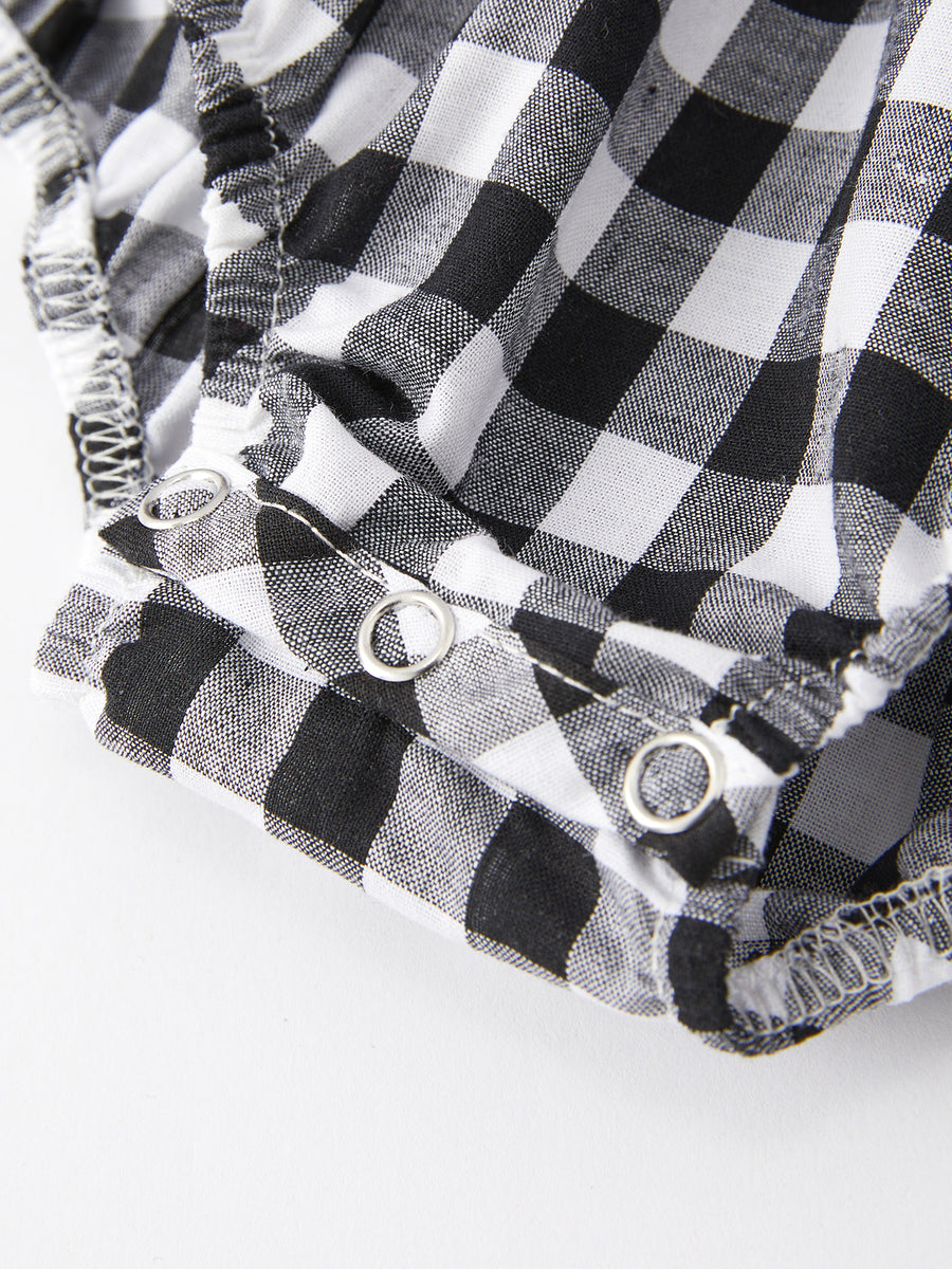 Black and white Plaid Smocking Embroidery Long Sleeve Girls Romper