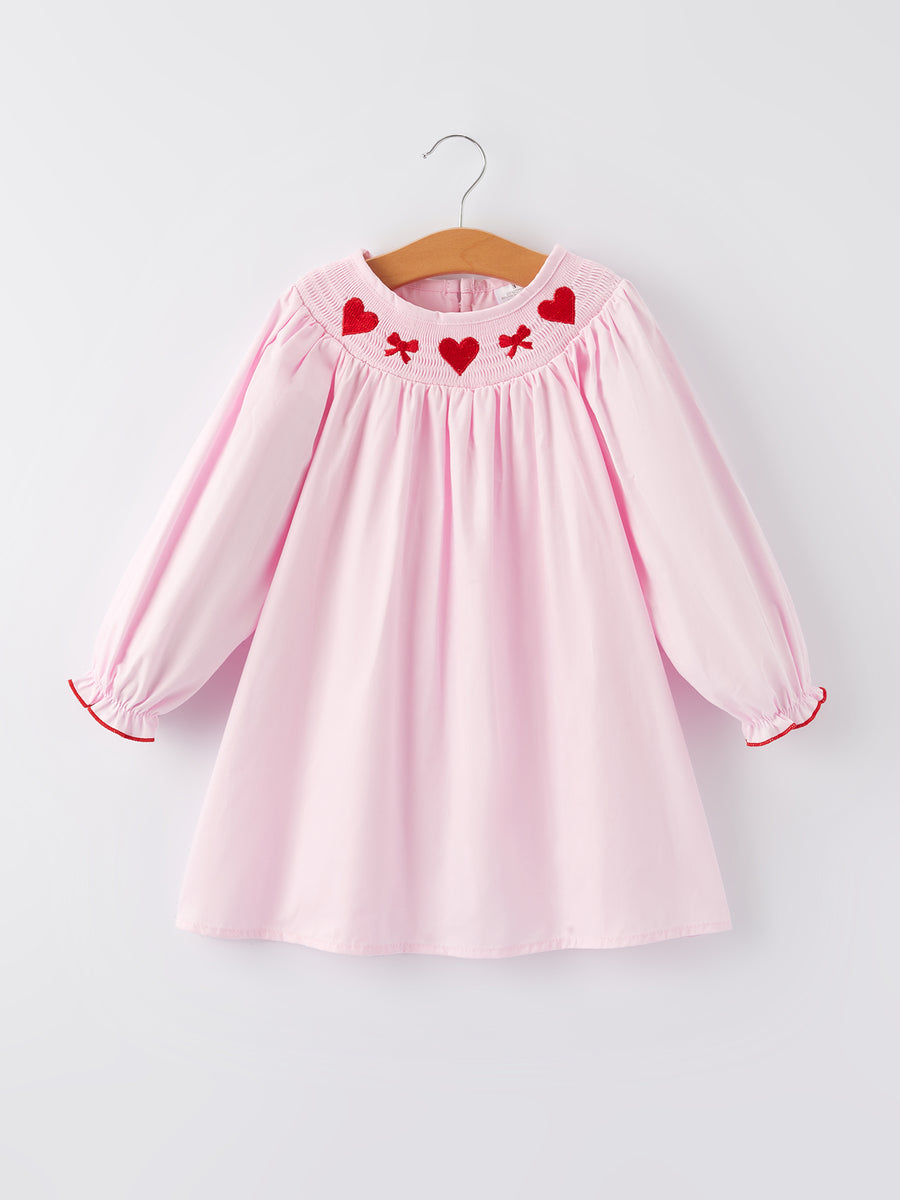 Pink Smocking Embroidery Long Sleeve Girls Dress