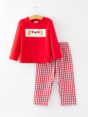 Valentine's Day Dog Heart Smocking Embroidered Boys Outfits Set