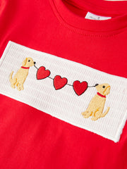 Valentine's Day Dog Heart Smocking Embroidered Boys Outfits Set