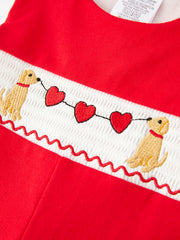 Valentine's Day Dog Heart Smocking Embroidered Boys Romper