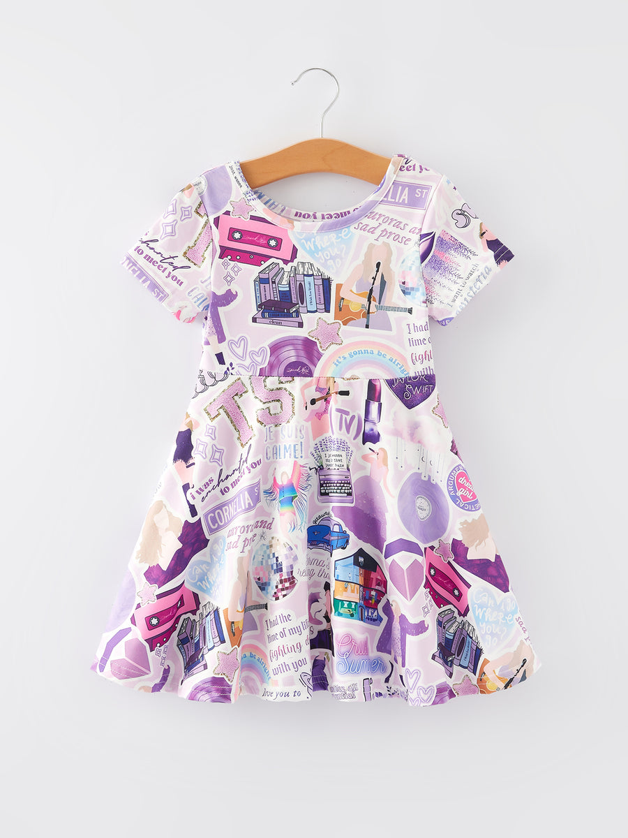 Ts lavender Twirly  Print Girls Milk Silk Dress  PREORDER (SHIP ON 4TH NOV)