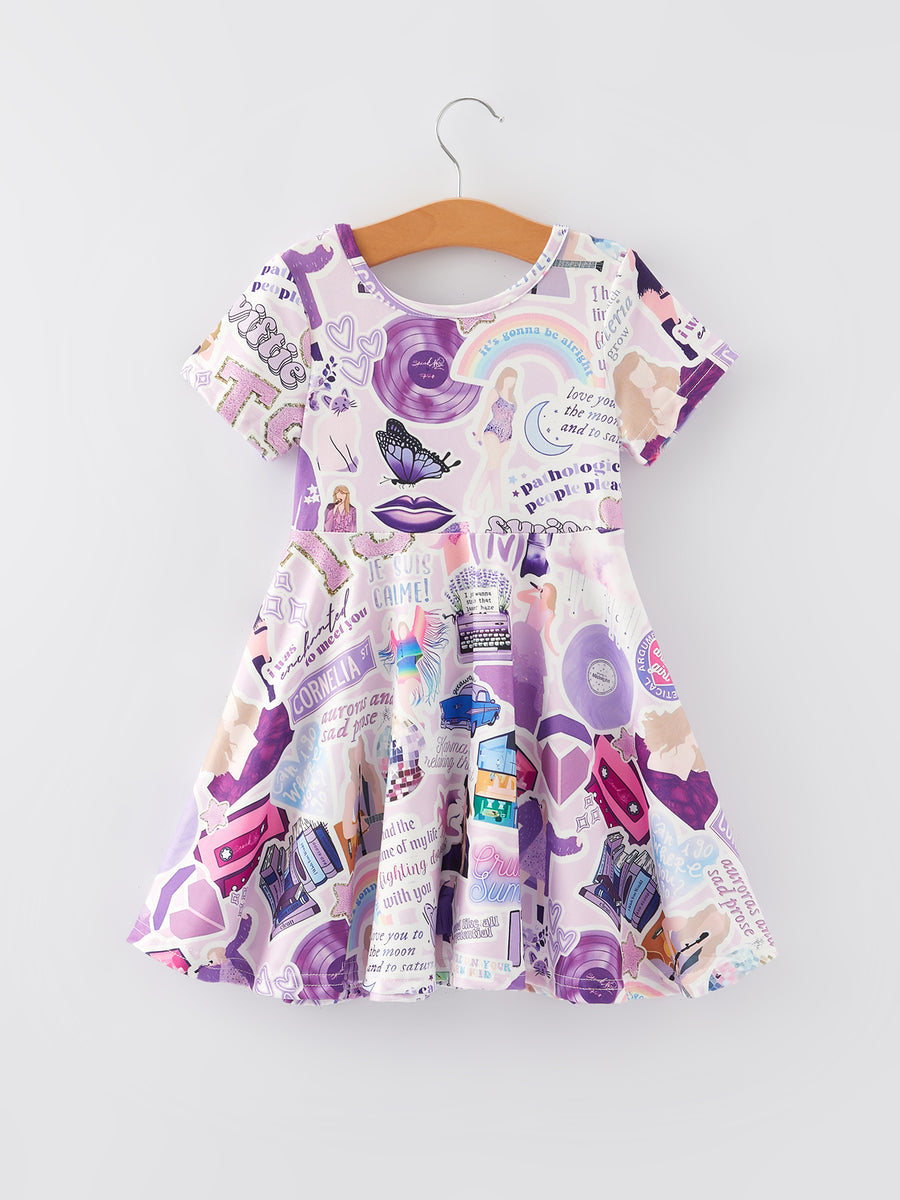 Ts lavender Twirly  Print Girls Milk Silk Dress  PREORDER (SHIP ON 4TH NOV)