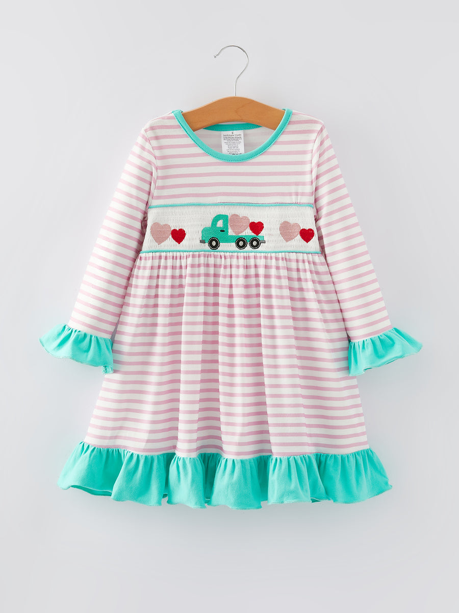 Valentine's Day Ruffle Stripe Smocking Embroidered Dress