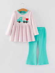 Valentine's Day Ruffle Stripe Smocking Embroidered Outfit Set